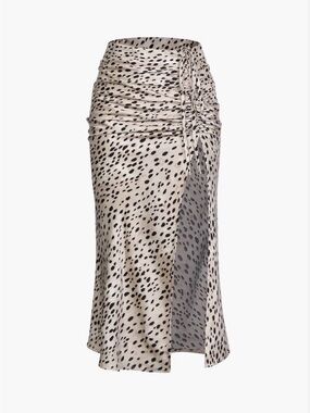 Ruched High-Slit Midi Skirt in Cream with Black Dalmatian Print